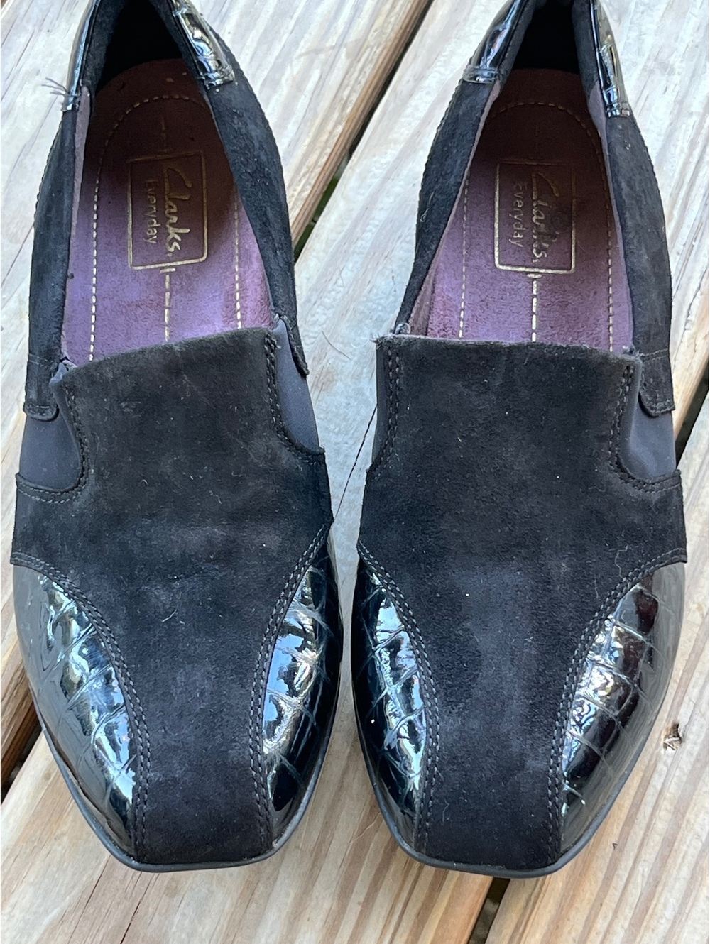Clarks Black Suede & Patent Leather Slip-On Loafers - Size 8.5W